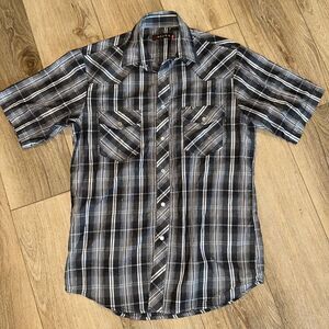 Roper Short Sleeve Pearl Snap‎ Shirt Mens Size Medium Plaid w/ Silver Metallic